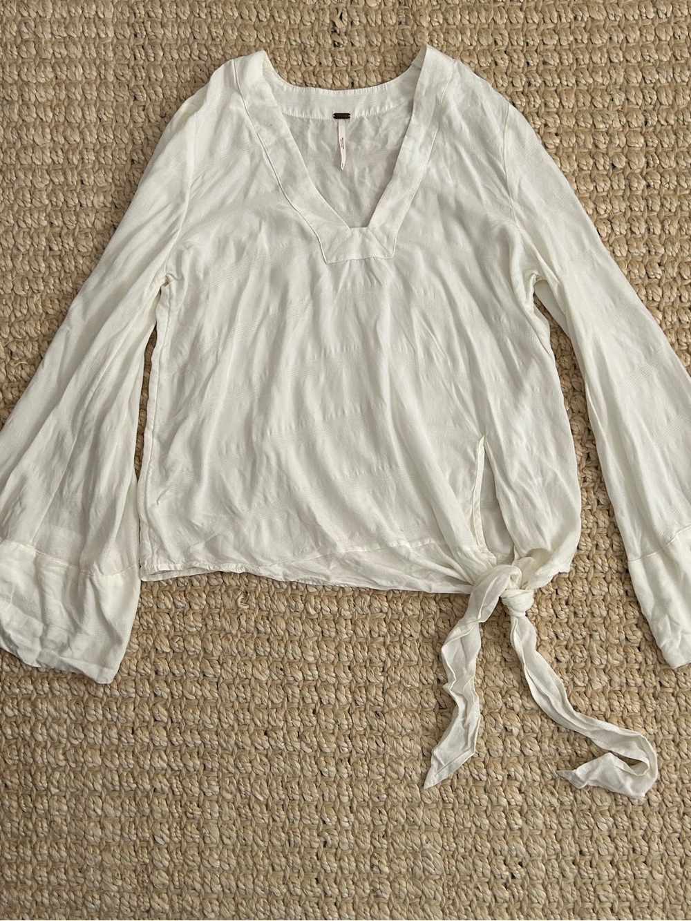 Free People Side Tie Bell Sleeve Cream V-Neck Blouse Size Extra Small